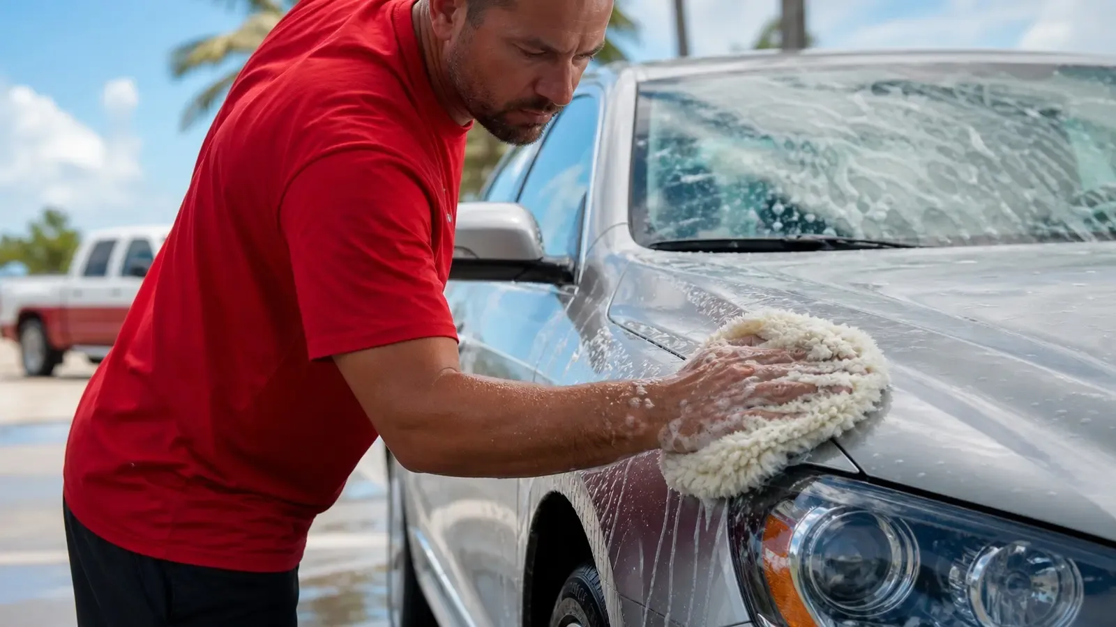 Body image: DI-water process section leoserve-florida-keys-wool-pad-hand-wash.jpg Leoserve technician hand-washing a car with a wool wash pad after foam-cannon soap application