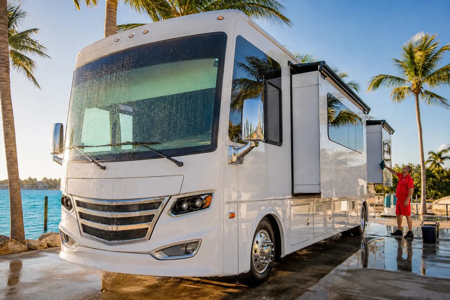 Gleaming white Class A motorhome at Florida Keys waterfront with detailer wiping down exterior