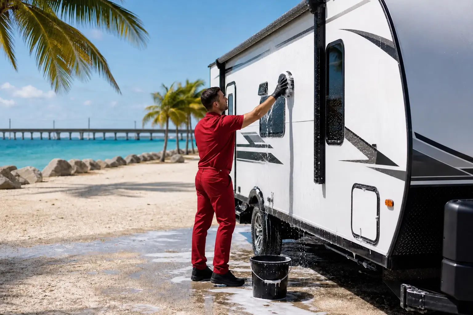 Mobile RV detailing Marathon FL with exterior wash near the water