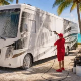 RV wash packages Florida Keys service cleaning a large RV near palm trees