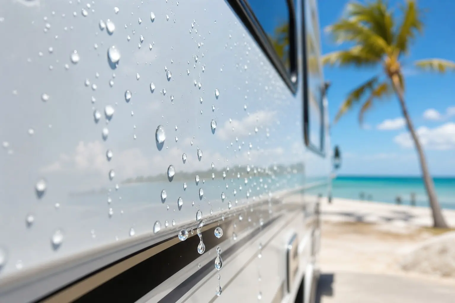 RV wash packages Florida Keys ceramic-coated RV with water beading