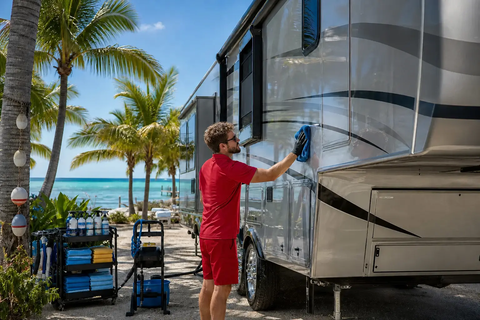 RV wash packages Florida Keys detailing service polishing an RV near the ocean