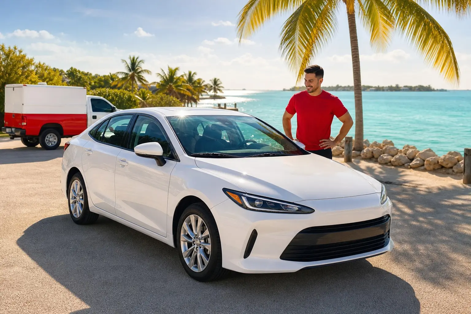 Mobile Car Wash Florida Keys by ocean with clean white car