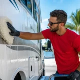 Mobile RV detailing in Tavernier FL with Leoserve technician washing RV exterior