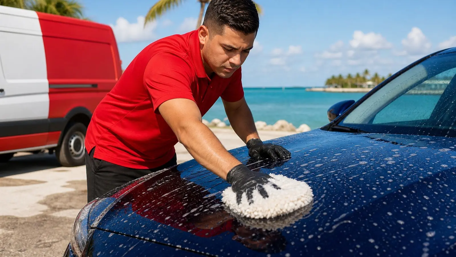 LeoServe detailing technician washing vehicle with wool pad in Florida Keys
