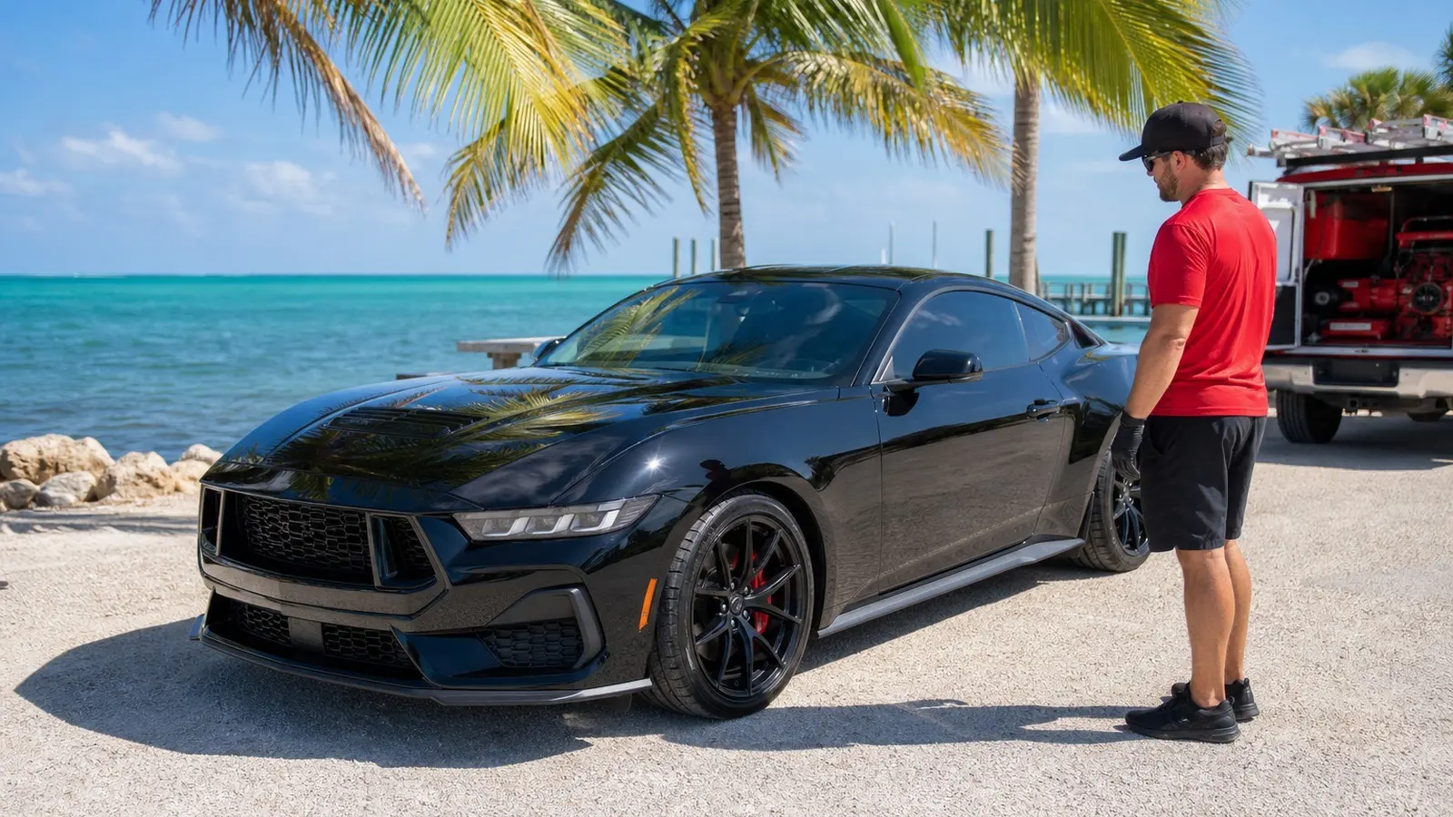Freshly ceramic-coated car gleaming in Florida Keys sunlight near Marathon