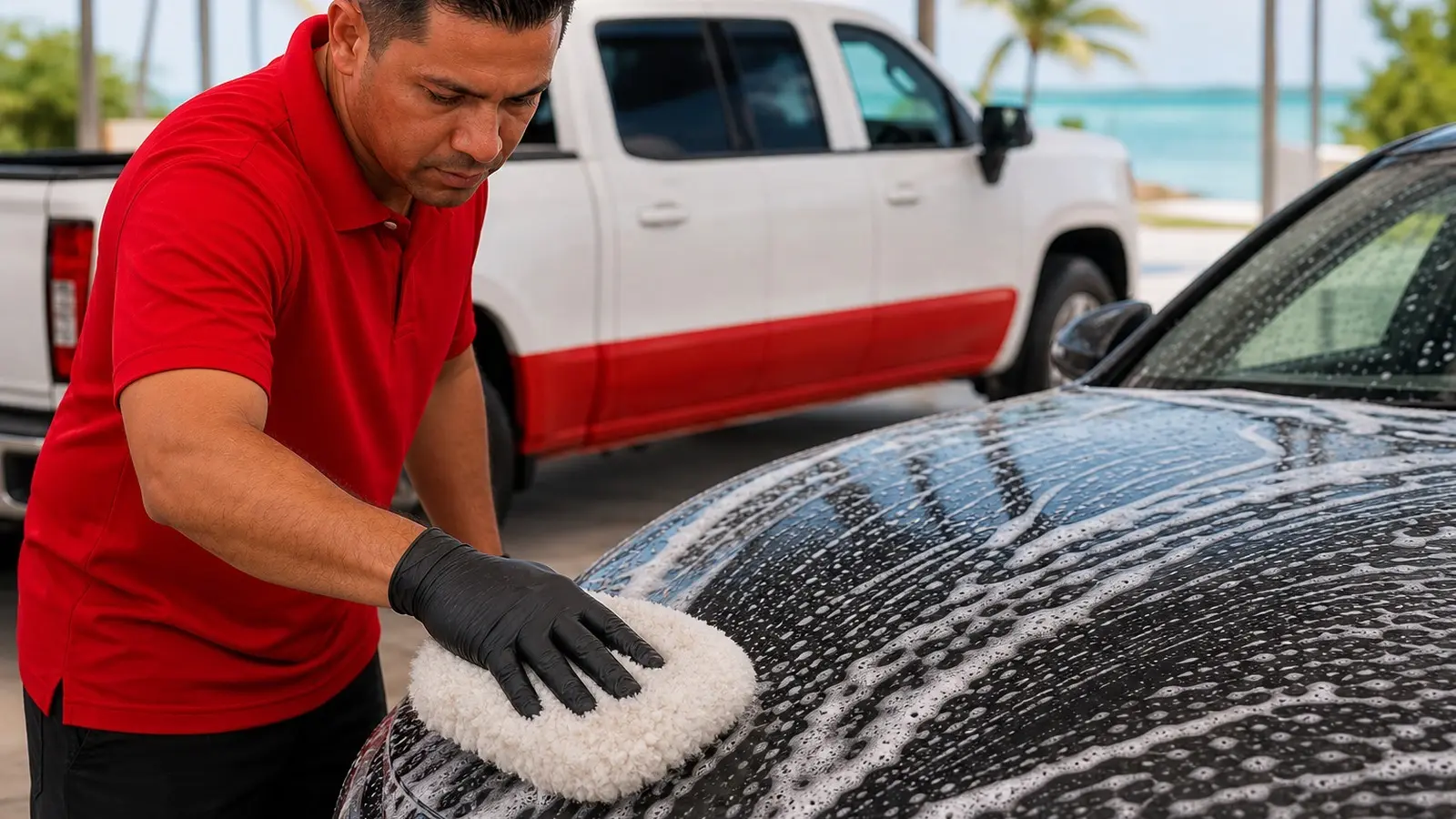 Leoserve technician hand-washing a car with a wool wash pad at the Stock Island shop, Florida Keys