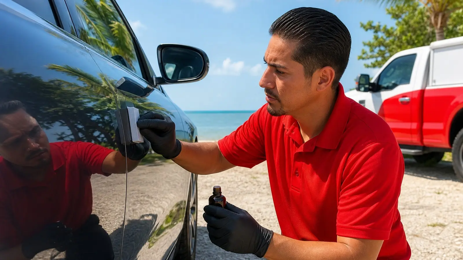 ceramic coating Key West — LeoServe technician in red shirt carefully applying ceramic coating to a car panel, red and white LeoServe truck in background, outdoor Florida Keys location