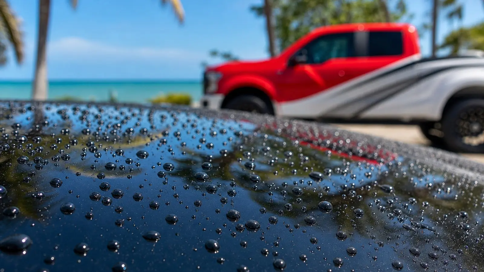 ceramic coating Key West — close-up of a freshly coated vehicle with water beading on the surface, LeoServe red and white truck visible in background, tropical Florida Keys setting