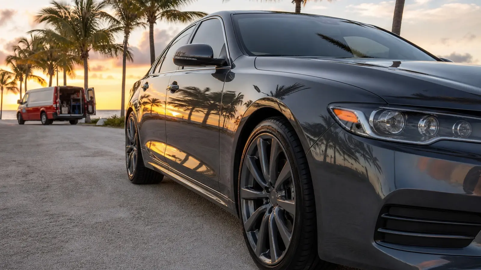 Freshly detailed vehicle with a glossy exterior finish reflecting a Florida Keys sunset