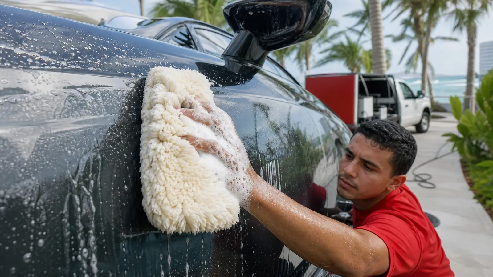 Leoserve technician using soft wash mitt during mobile car wash in KeyWest