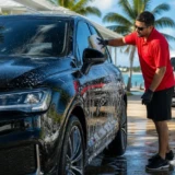 Leoserve mobile car wash in Key West with technician in red shirt washing SUV