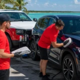 Salt air car care in Key West with Leoserve team members in red shirts beside a clean car and red-and-white service truck