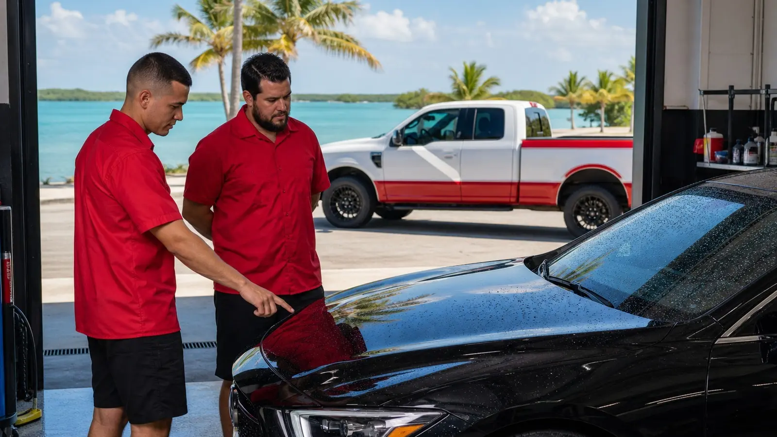 Leoserve team in red shirts inspecting a protected car beside a red-and-white truck in the Florida Keys