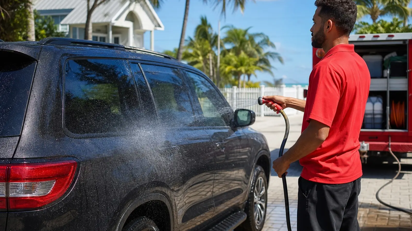 Spot-free deionized water rinse during Leoserve mobile car wash in Key West