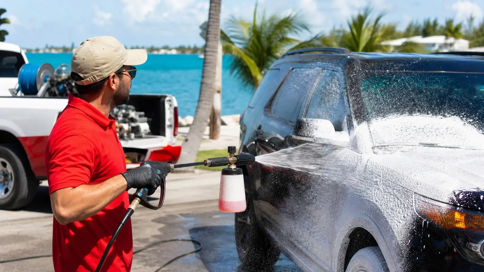 Leoserve technician in a red shirt applying foam cannon soap to a car exterior in Stock Island, Florida Keys