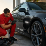Leoserve technician inspecting a car in cool morning shade before a Key West wash