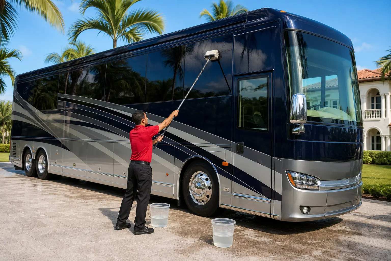On broad, suitable RV exterior panels, a clean soft-bristle brush used with sufficient pH-neutral solution and rinsed frequently can reach upper sidewall areas a hand pad alone cannot. This tool is reserved for RV surfaces only — it is never used on car paint.