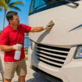 Leoserve technician in a red shirt inspecting bug residue on an RV front cap in the Florida Keys with a bug-removal sponge and solution.