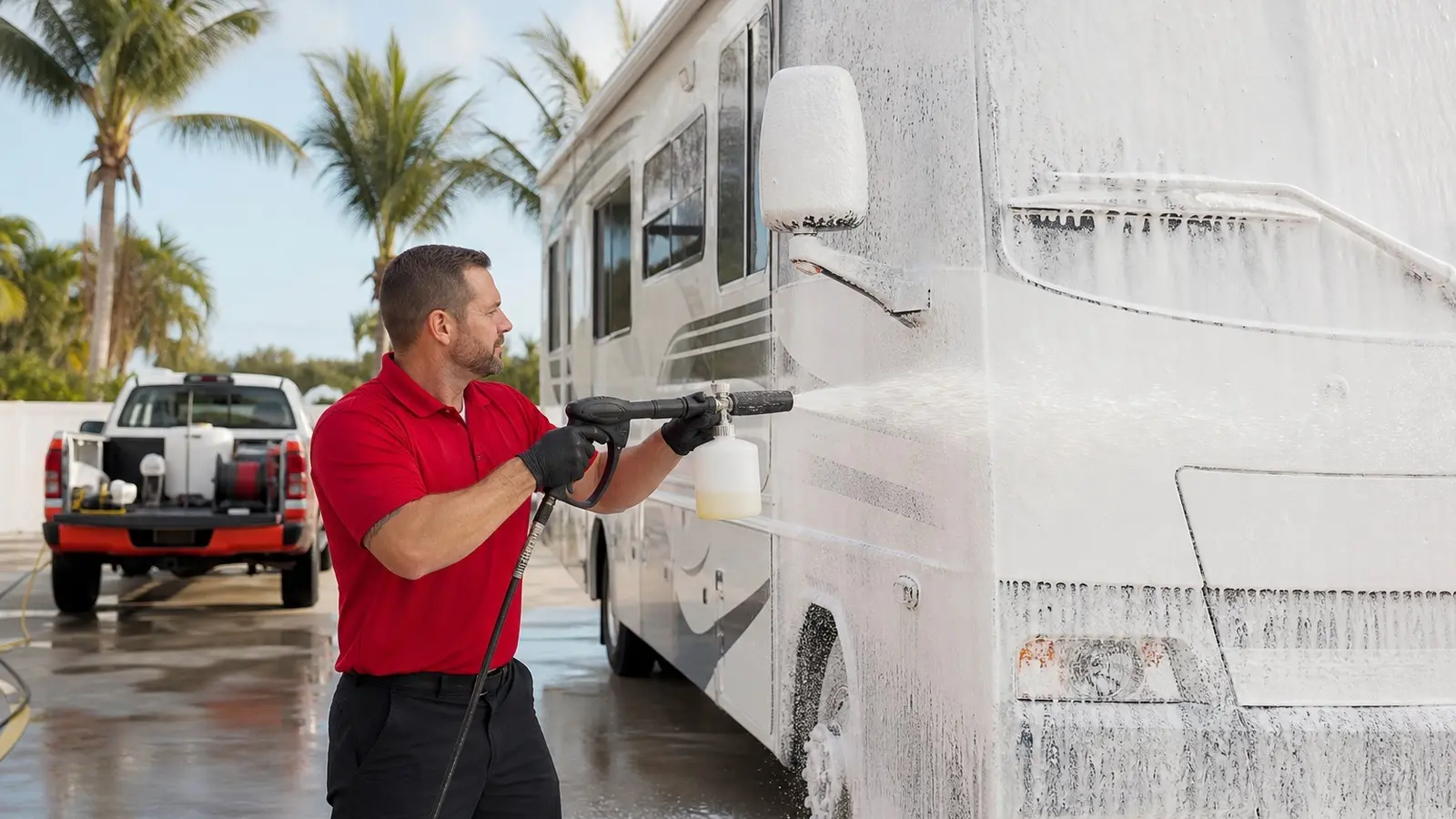 Leoserve technician applying foam-cannon soap to an RV before storage in the Florida Keys