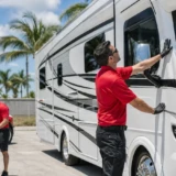 Leoserve team preparing a motorhome exterior for storage in the Florida Keys