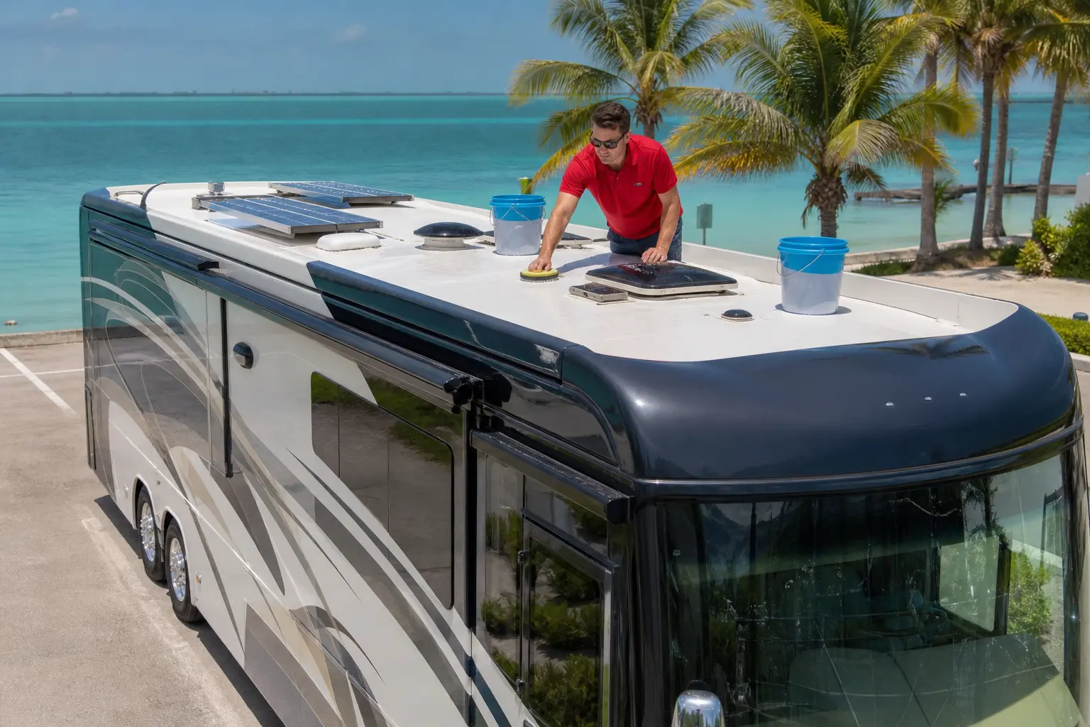 Professional technician washing a high-end Class A motorcoach roof section by section with DI-water buckets in the Florida Keys.