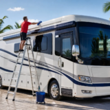 Professional technician cleaning the roof edge of a high-end Class A motorcoach in the Florida Keys.