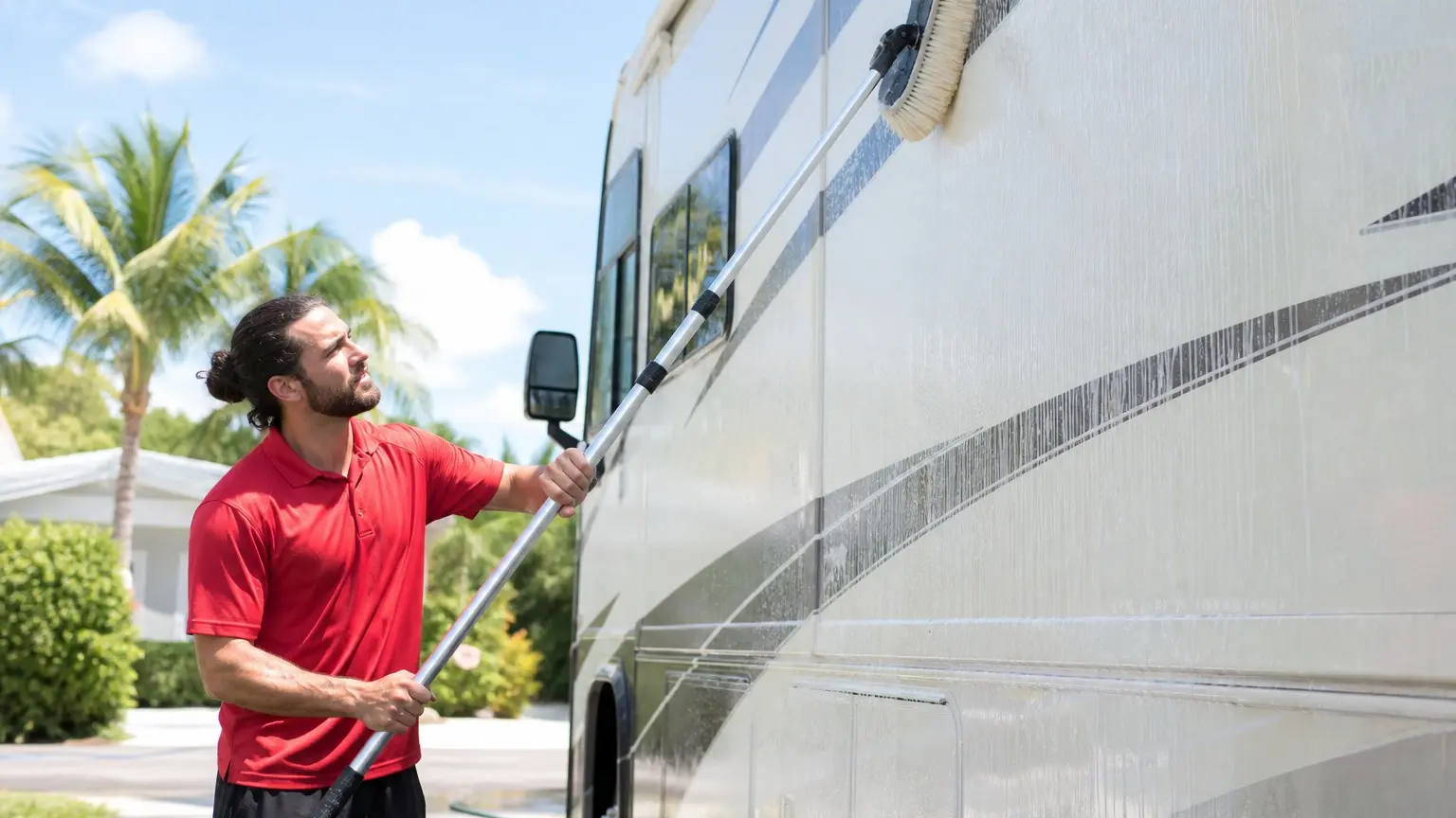 Soft brush used safely on the tall side panel of a Florida Keys motorhome