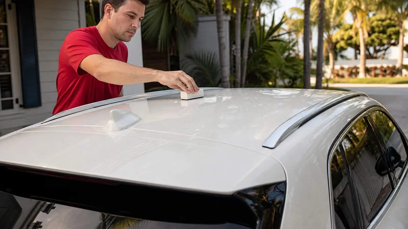 Leoserve technician in a solid red shirt applying ceramic coating to a pearl-white crossover roof panel.