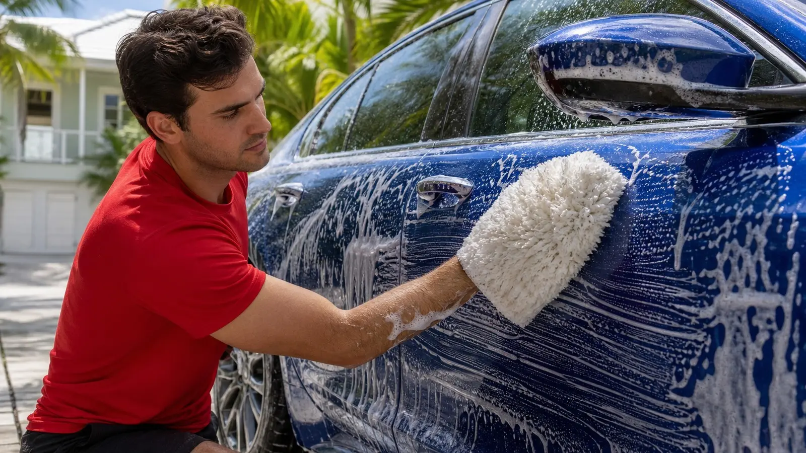 Gentle wool-mitt hand washing follows the DI-water pre-rinse and foam-cannon soap application.