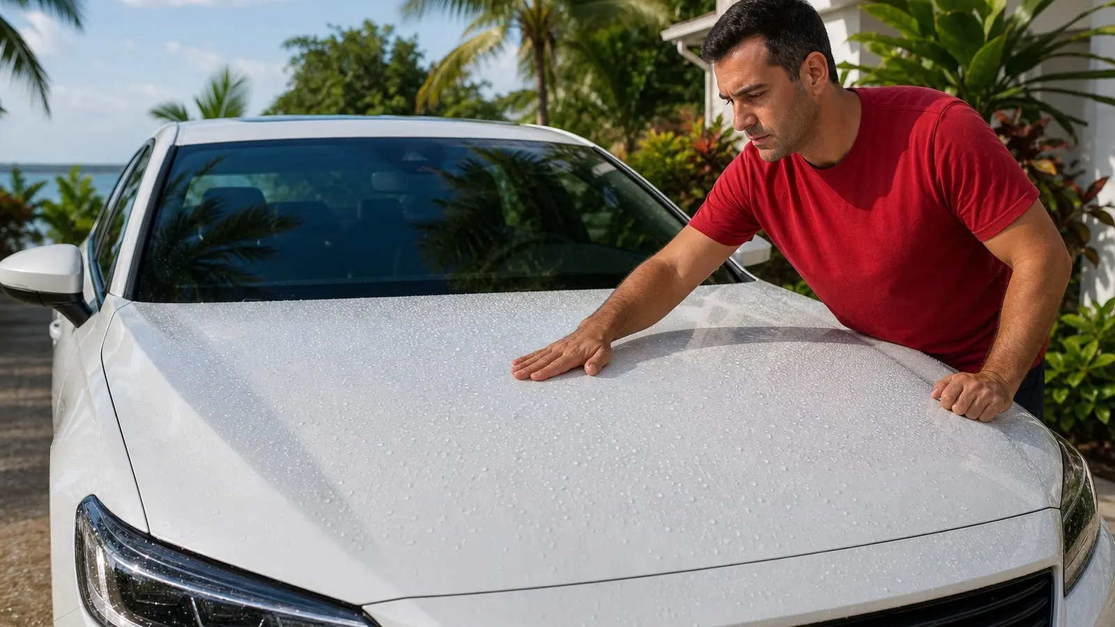 Leoserve technician in a plain solid red shirt inspecting water behavior on a clean white car hood in the Florida Keys