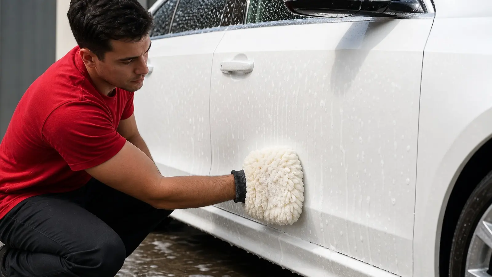 Leoserve technician in a plain solid red shirt hand-washing a white car lower panel with a wool wash mitt