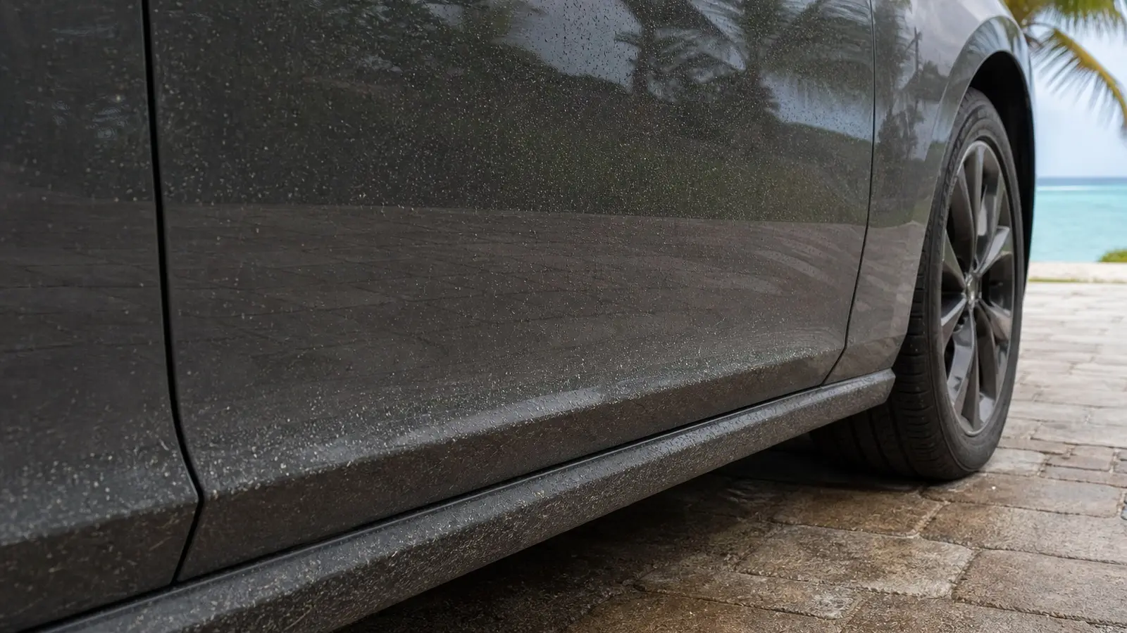 Road film and wet grit visible on the lower door and rear wheel arch of a dark-gray car before washing